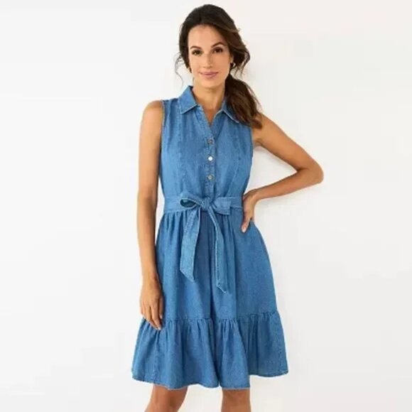 Draper James Dresses & Skirts - Draper James Denim Belted Sleeveless Shirt Dress Ruffle Hem Women's Size Small S